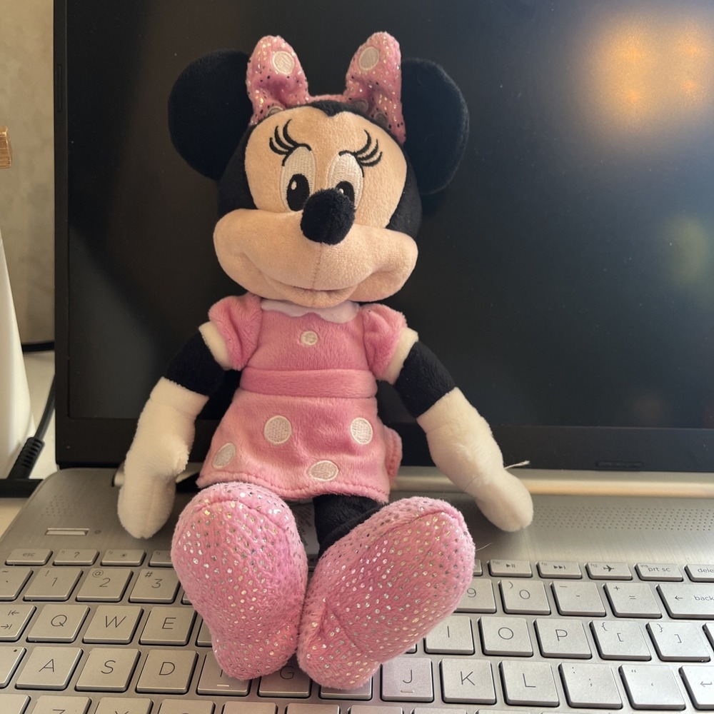 Disney Minnie Mouse Plush 10" Pink Dress Silver Polka Dots on Dress and Bow